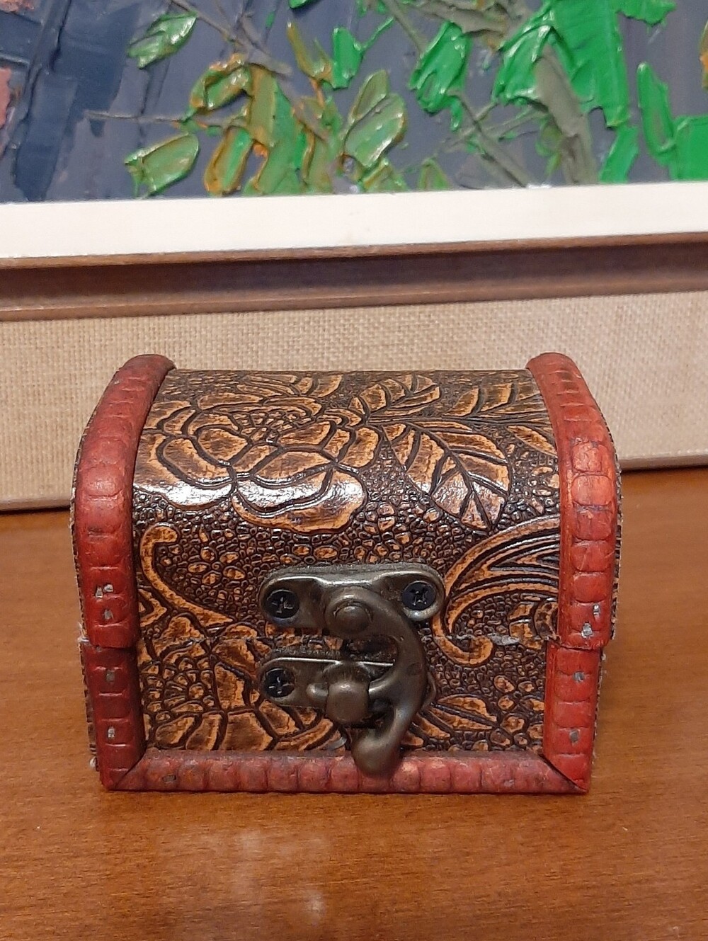 Vintage Whinsigoth Witchy Rustic Wood Floral Embossed Mini Chest Trinket Box